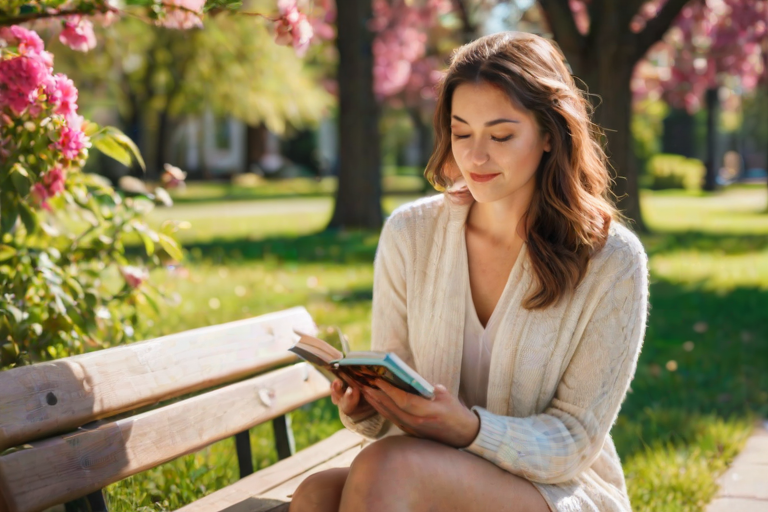 Soft-focus image of a woman enjoying a quiet moment on a park bench, sipping a smoothie and reading a book, with vibrant flowers blooming around her in the warm sunlight.