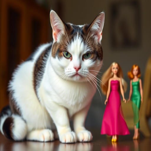A close-up photograph of a white and black cat sitting on a table, with Barbies standing beside it. The cat's tail is curled beside it, and its predominantly white face shows a distinctive expression, resembling a domestic shorthair, with slightly squinted eyes that convey frustration. The cat sits grumpily, seemingly unimpressed by the presence of Barbies.
