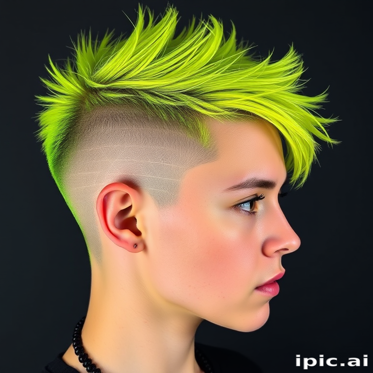 Edgy portrait highlights Electric Neon undercut, vibrant yellow-green short hair on top with shaved sides featuring intricate geometric patterns
