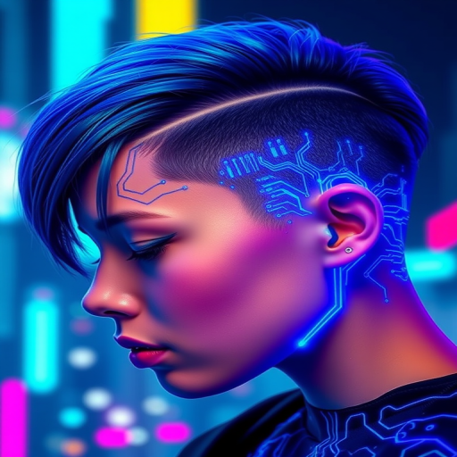 Cyber neon blue electrifies a futuristic undercut with holographic circuit patterns shaved into the sides, pulsing with the energy of a digital metropolis