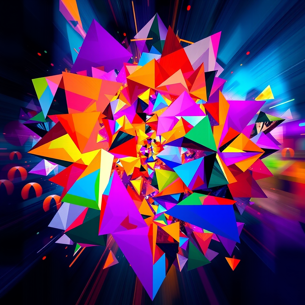 Generate an abstract art piece with vibrant colors and geometric shapes using a DSLR camera in landscape mode, f/8 aperture, ISO 100, 1/250 sec shutter speed to ensure clarity and detail.