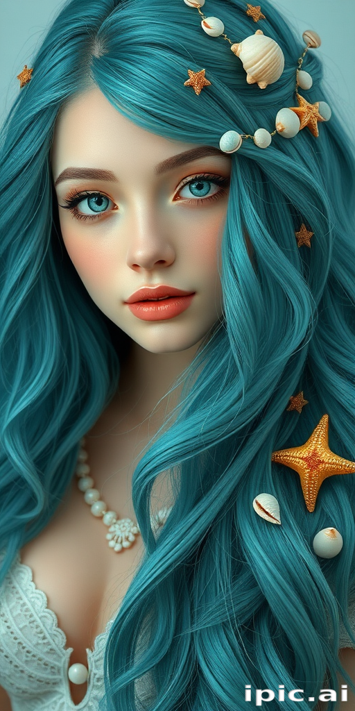 Ethereal portrait featuring Mermaid Teal tresses, long and wavy with subtle aqua highlights, adorned with small seashells and starfish accessories