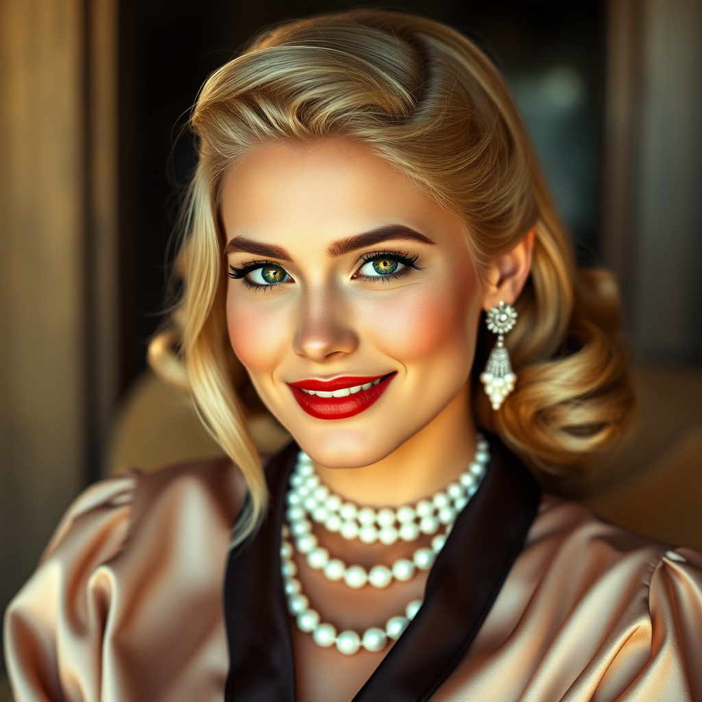 A beautiful Native American woman reminiscent of 1950s Hollywood glamour, with perfectly styled blonde hair and a seductive smile, dressed in a satin blouse and adorned with pearls, soft and warm tones, photorealistic, 8K