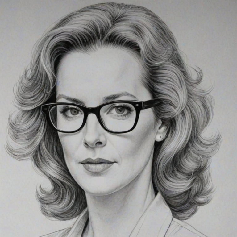 Pleasing Elizabeth Perkins, pencil sketch, portrait of Dazzling woman 1979s in glasses, hair style beatnik, outline, clear lines, fine lines, 8k