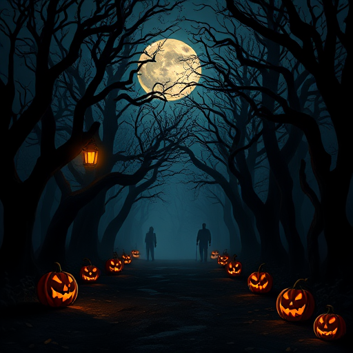 A dark and eerie forest path illuminated by glowing jack-o'-lanterns on either side twisted trees with gnarled branches and a misty atmosphere shadows of mysterious figures in the background and a full moon peeking through the fog creating a haunting and spooky Halloween scene
