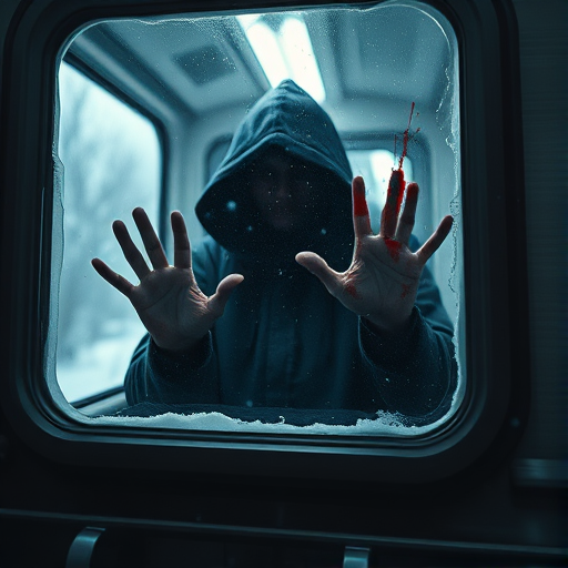 a haunting scene inside a train with a figure in a dark hooded cloak, hands with red paint streaks on the window, snow falling outside, shot with a Canon EOS R5, 50mm lens, aperture f/1.8, ISO 100, shutter speed 1/200s, cinematic style, low-angle view to enhance dramatic effect