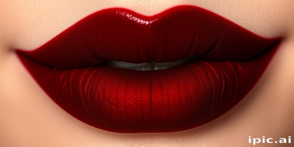 Deep burgundy velvet lips with a rich, velvety texture, featuring sharp, defined edges and a dramatic, sultry appearance for evening glamour