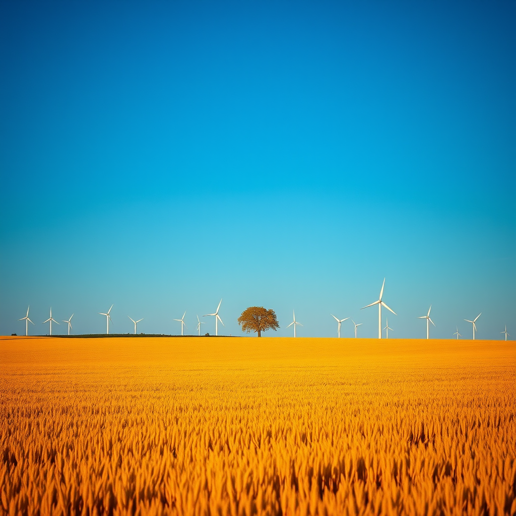 Golden fields stretching out under a deep blue sky, with wind turbines slowly turning in the distance, and a single tree standing tall against the horizon.