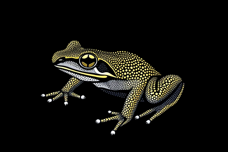 Create a detailed illustration of a frog on a black background, capturing intricate dot patterns and textures, using a DSLR camera with a 50mm lens, aperture set at f/8 for sharp focus, ISO 100 to minimize noise, natural lighting for realistic color, and a close-up view to highlight details.
