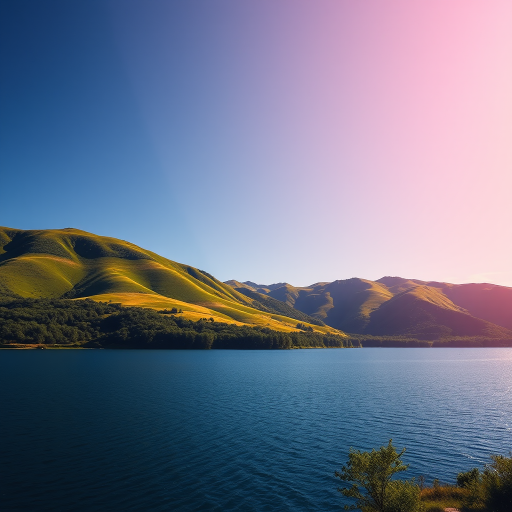 Generate a high-resolution image of a serene landscape featuring lush green hills, a clear blue sky, and a tranquil lake in the foreground, captured with a Canon EOS 5D Mark IV, 24mm lens, f/8 aperture, ISO 100, at golden hour.