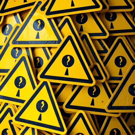Create an image with a close-up of multiple yellow caution signs stacked in a chaotic manner, using a DSLR camera with a 50mm lens, aperture set to f/2.8, ISO 100, and soft diffused lighting to enhance clarity and texture.