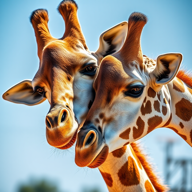 Regenerate an image of two giraffes with their heads close together, captured in bright daylight with a shallow depth of field, using a Canon EOS R5 with a 50mm lens, aperture set to f/2.8, ISO 100, and a 1/200 sec shutter speed to enhance image clarity and detail.