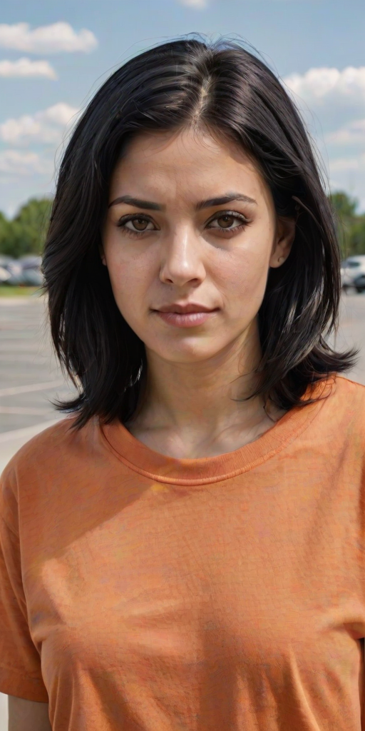 realistic image of a black haired woman, in an empty parking lot wearing  a orange shirt