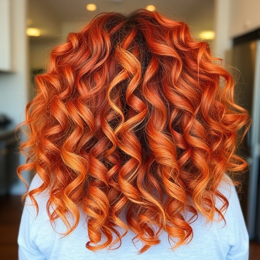 Fiery copper-red curls called "Phoenix Flame" with golden balayage highlights, voluminous and bouncy ringlets cascading down to mid-back length