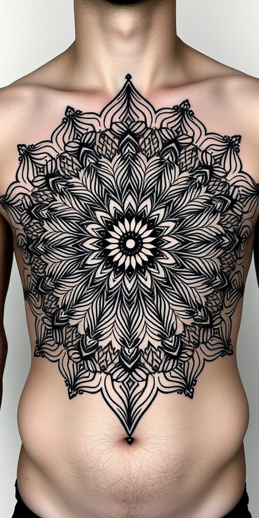 Intricate blackwork geometric mandala covering entire chest and abdomen, precise lines and symmetrical patterns creating hypnotic effect, stark contrast against skin