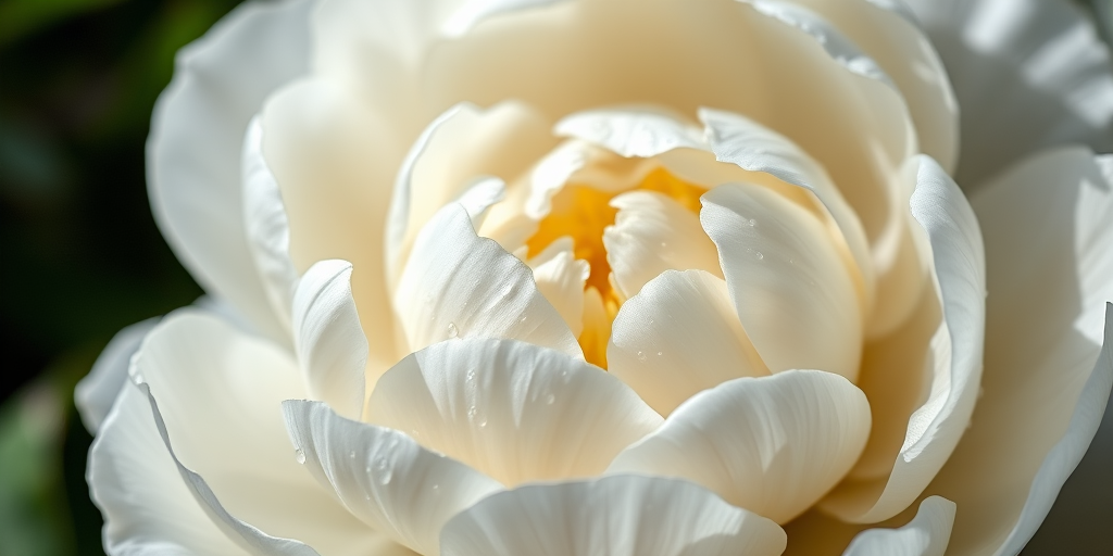 macro shot of a large white peony flower with delicate petals and water droplets on its surface, soft natural lighting, f/2.8 aperture, ISO 200, 100mm lens, close-up perspective, DSLR camera, vibrant color contrast, high detail