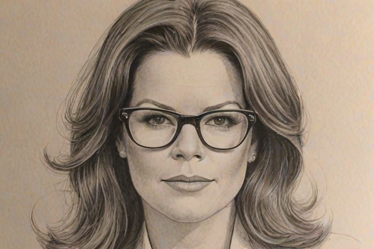 Wonderful Marcia Gay Harden, pencil sketch, portrait of Superb woman 1970s in glasses, hair style beatnik, outline, clear lines, fine lines, 8k