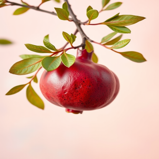 Generate a high-resolution image of a ripe pomegranate hanging from a branch with vibrant green leaves against a soft pastel background, using a DSLR camera with a 50mm lens, aperture set to f/1.8 for shallow depth of field, ISO 100 for clarity, and a soft natural light setting to enhance colors and details.