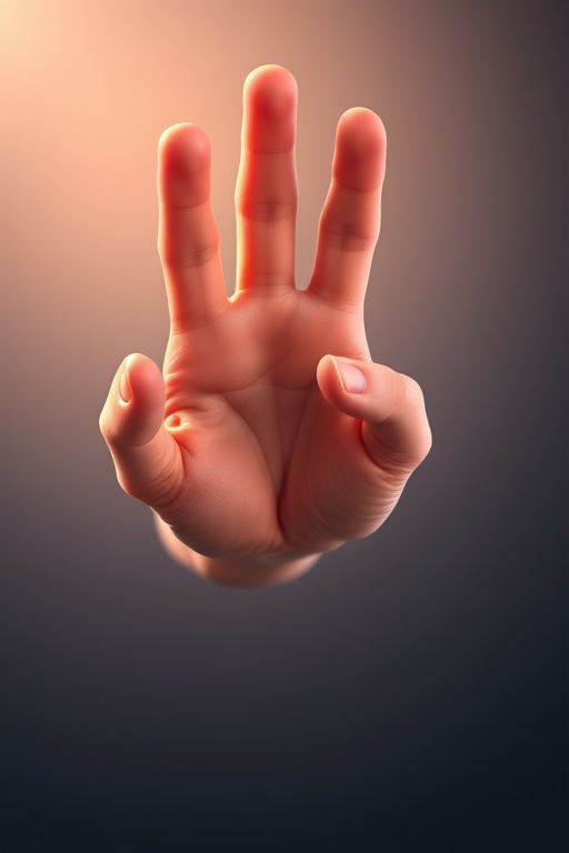 Generate a highly detailed and realistic illustration of a human hand reaching forward, use a shallow depth of field to focus on the hand, captured with a DSLR camera at f/2.8 aperture, ISO 100, and a 50mm lens.