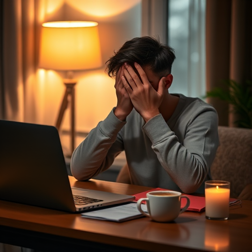 Create an image of a person sitting at a desk in a cozy setting, with their hands covering their face in a gesture of frustration, a laptop in front of them, a steaming cup of coffee beside the laptop, and a warm desk lamp illuminating the scene; captured with a Canon EOS R5, 50mm lens, f/1.8 aperture, ISO 100, and a soft-focus background for depth.
