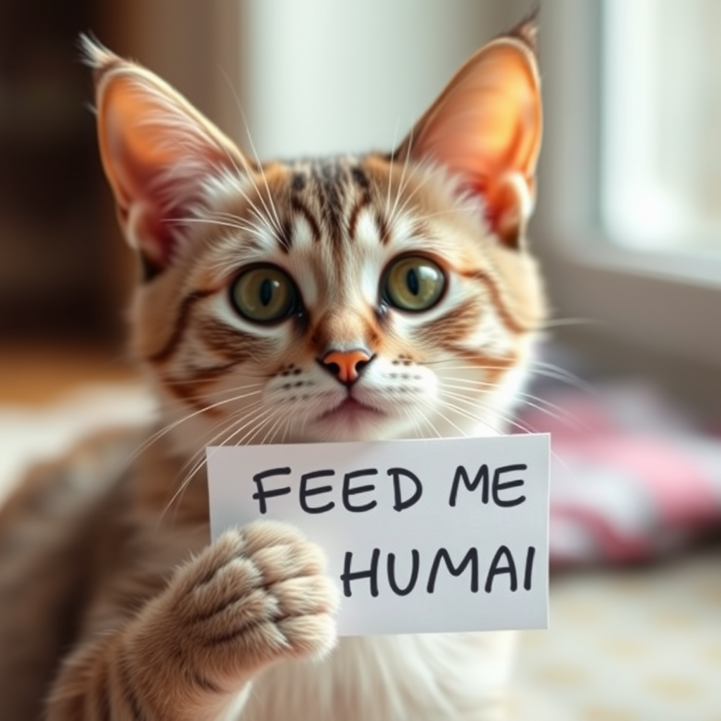cat holding a note which says "FEED ME HUMAN"