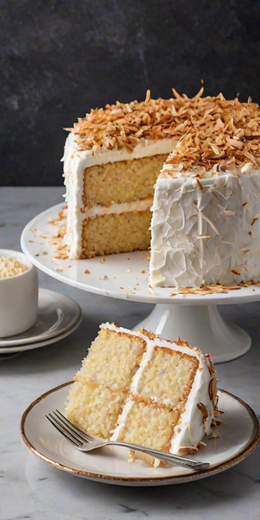 Generate an image of a delicious coconut cake with a fluffy white frosting and topped with toasted coconut flakes. The cake should be shown on a marble cake stand with a slice cut out, revealing its moist layers. The background should be dark to highlight the cake's vibrant colors. Include a small plate and a butter knife beside the cake for added detail.