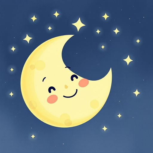 Cute smiling moon in a starry night sky soft pastel colors whimsical design