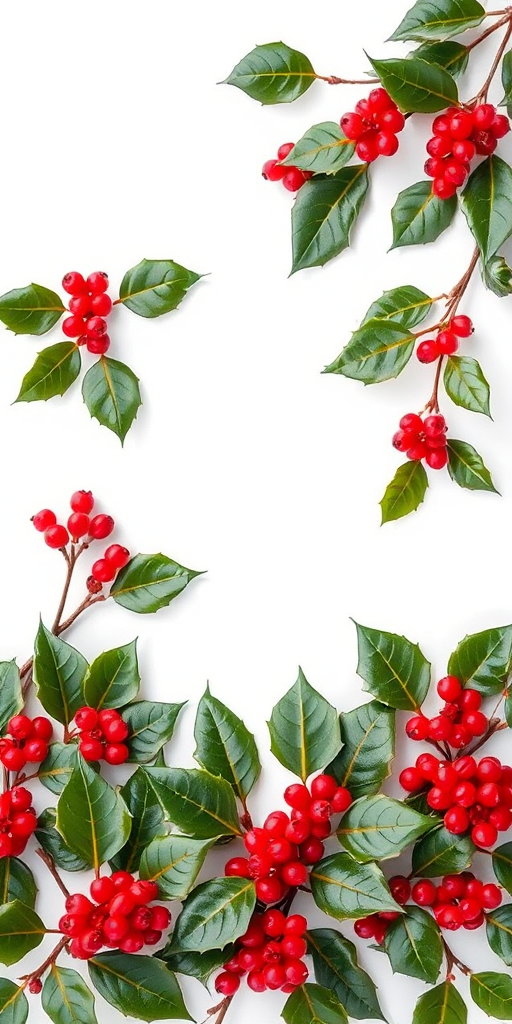 Create an image of a festive border made of holly leaves and red berries, shot with a DSLR camera, 50mm lens at f/2.8, natural light, in a clean white background setting to enhance image quality.