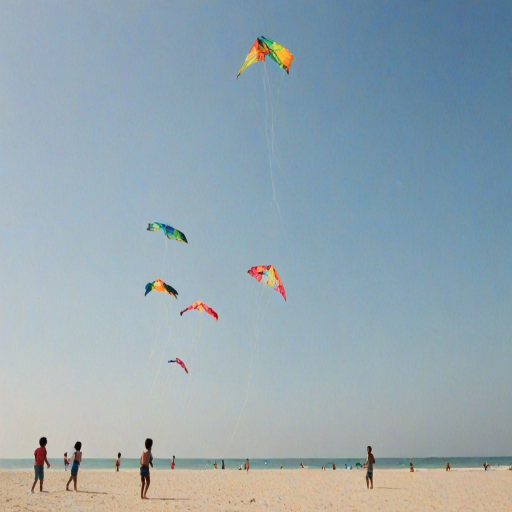 Soft-focus image of a row of colorful kites flying high in a clear blue sky, with a sunlit beach softly blurred in the distance, children playing in the sand.