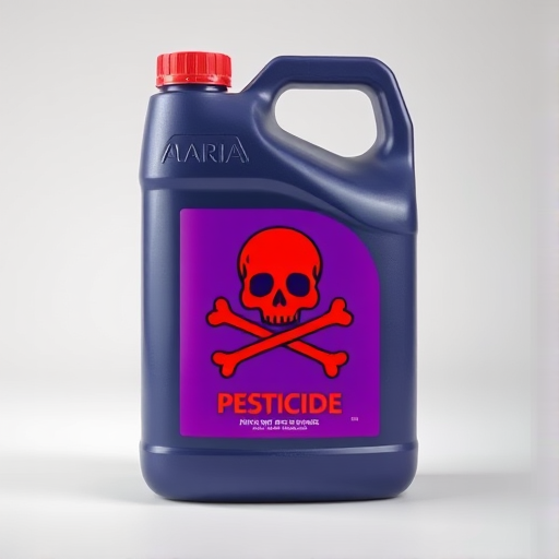 Generate a high-resolution image of a pesticide container with a bold red skull and crossbones symbol on a vibrant purple label, using a 50mm lens, f/1.8 aperture, ISO 100, shot from a slightly elevated angle, in a studio setting with softbox lighting to enhance colors and details.