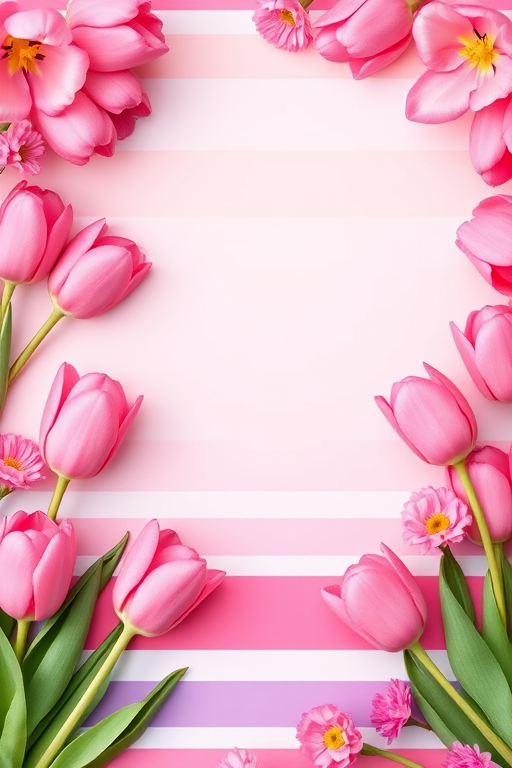 Create a vibrant floral border with pink tulips surrounding horizontal stripes in various shades of pink and purple, using a DSLR camera with a 50mm lens, aperture set to f/1.8, shutter speed of 1/200s, ISO 200, shot from eye level to capture depth and detail, in high resolution.