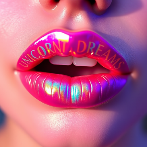 Iridescent holographic lip gloss named "Unicorn Dreams" that shifts colors in different lighting, creating a mesmerizing rainbow effect on the lips