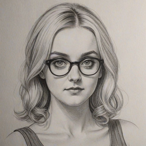 Alluring Evanna Lynch, pencil sketch, portrait of Bewitching woman 1964s in glasses, hair style beatnik, outline, clear lines, fine lines, 8k