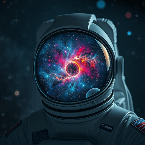 Create a high-resolution image of an astronaut in space, helmet reflecting the universe with vibrant stars and galaxies, using a Canon EOS R5, aperture f/1.8, ISO 200, 24mm focal length, shot in a surreal style with a focus on intricate details and cosmic lighting.