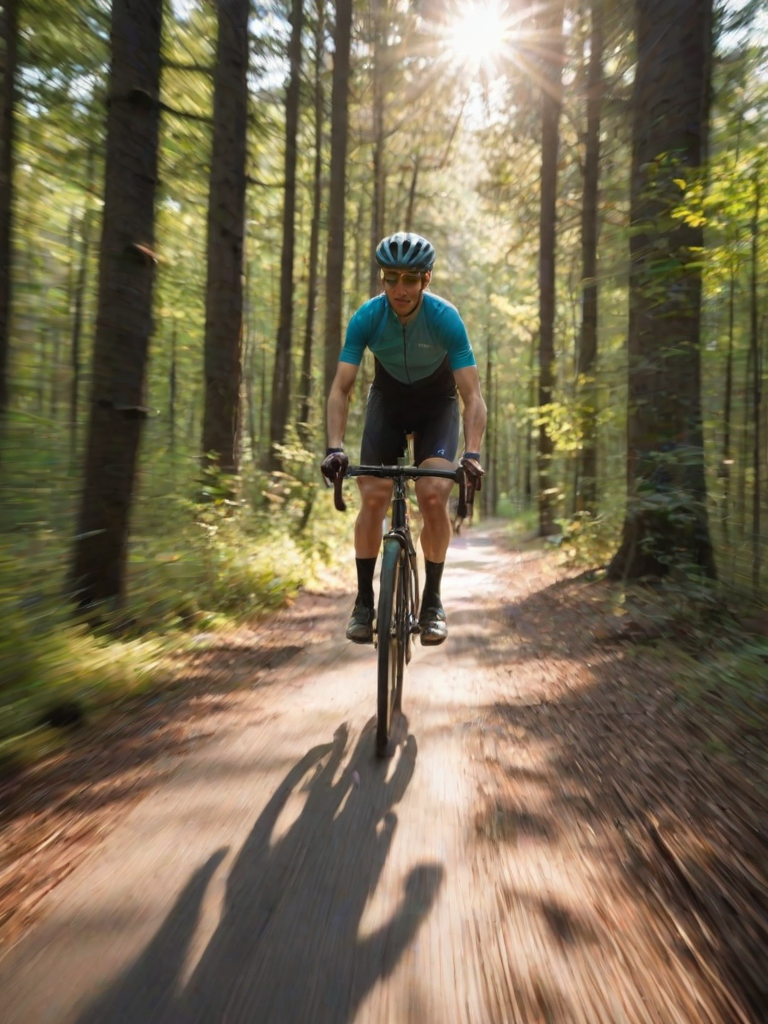 Blurry action photo of a cyclist speeding through a forest trail, soft sunlight filtering through the trees, with the distant sound of birds chirping in the background.