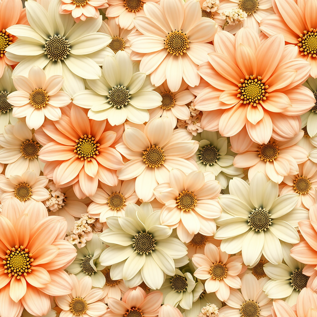 generate a seamless floral pattern with large and small flowers in soft pastel colors of peach, mint green, and beige, emphasize intricate details, shot with a Canon EOS R5, 50mm lens, f/2.8, ISO 100, natural lighting, top-down view, high-resolution for print quality