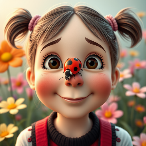 whimsical comical cartoon art Quentin Blake style, closeup portrait view of a cute girl with two ponytails in her hair, an adorable ladybug sits on her nose, funny children’s book illustration with bright colors and flowers in the background