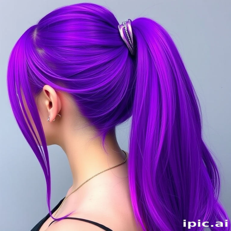 Intense ultraviolet purple hair in the "Cosmic Queen" design features a long, sleek ponytail with holographic accents