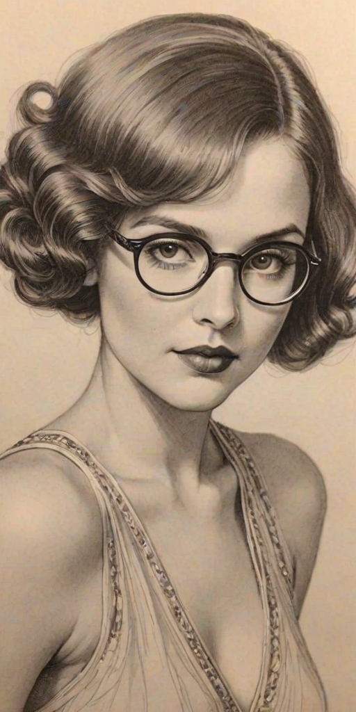 Magnificent Brooke Adams, pencil sketch, portrait of Alluring woman 1920s in glasses, hair style beatnik, outline, clear lines, fine lines, 8k