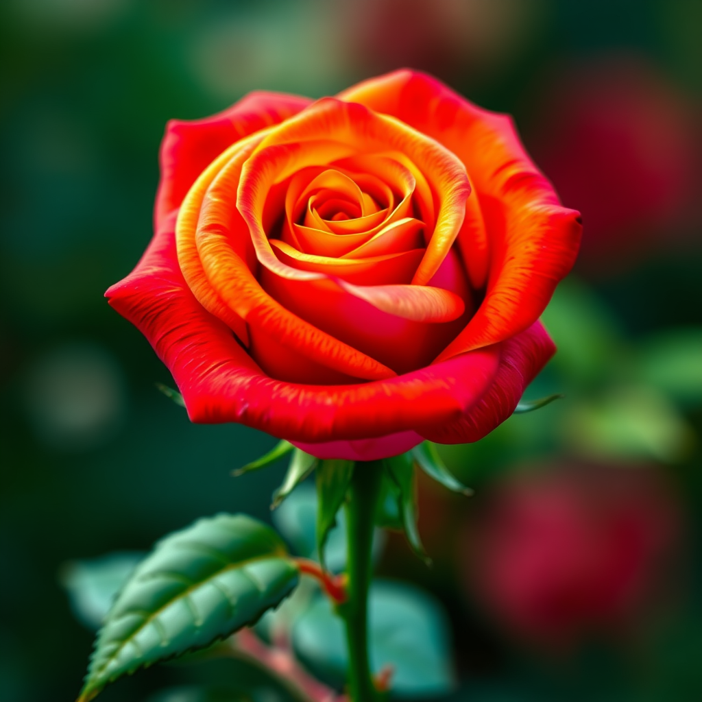 Create a detailed illustration of a rose with vibrant colors, using a DSLR camera with a 50mm f/1.8 lens, aperture set to f/2.8, ISO 100, and a shallow depth of field for a blurred background, shot from a slightly elevated angle to capture the flower's form and elegance.