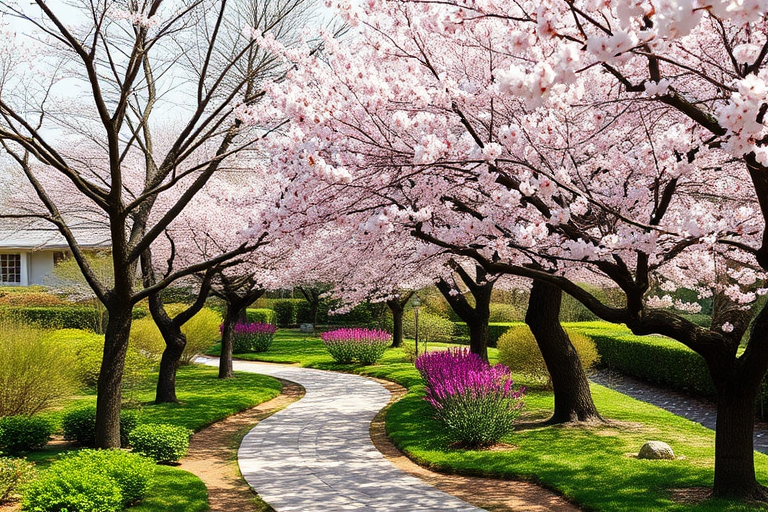 regenerate a serene garden scene featuring cherry blossom trees in full bloom along a winding stone path, captured with a DSLR camera at f/8 aperture, ISO 100, 1/200 shutter speed, using a wide-angle lens with soft natural lighting to enhance details and colors.