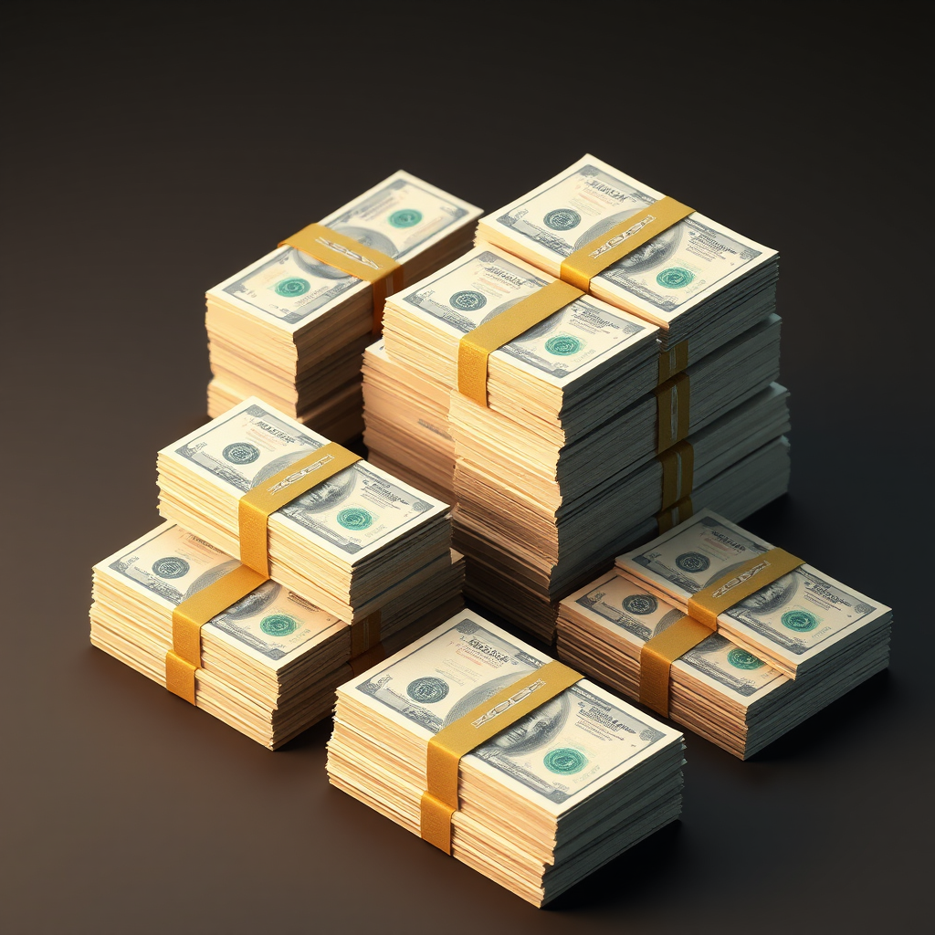 create a richly detailed 3D rendering of stacks of money bundles in an isometric view, using a high-resolution camera at f/8 aperture, ISO 100, and a 24mm lens, with soft lighting to enhance texture and depth.