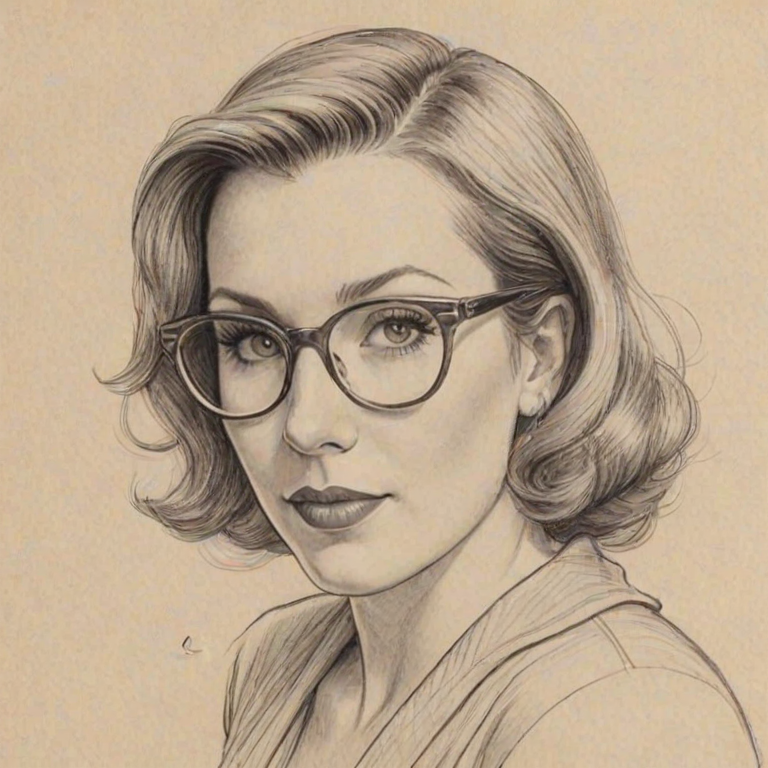 Delightful June Diane Raphael, pencil sketch, portrait of Alluring woman 1936s in glasses, hair style beatnik, outline, clear lines, fine lines, 8k
