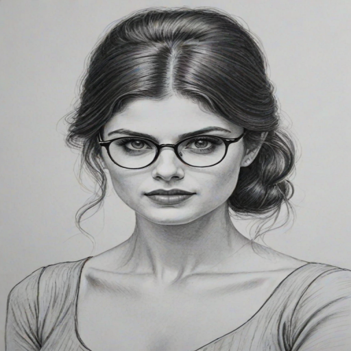 Bewitching Alexandra Daddario, pencil sketch, portrait of Fascinating woman 1957s in glasses, hair style beatnik, outline, clear lines, fine lines, 8k