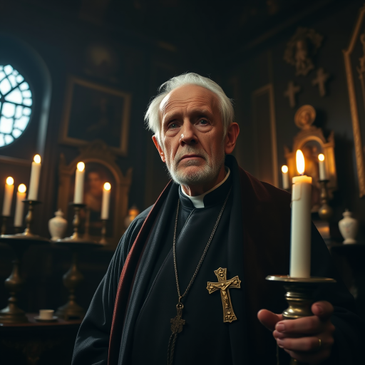 Regenerate an image of an elderly man in a dark, atmospheric room with religious artifacts, candlelight illuminating his face, wearing a deep, richly textured robe with a cross, using a full-frame camera with a 50mm lens, f/1.8 aperture, ISO 200, natural light with a low angle shot for dramatic effect.