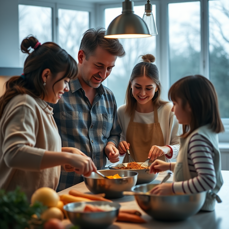 a family cooking together in a modern kitchen with large windows, soft natural lighting, close-up shot, aperture f/2.8, ISO 100, 50mm lens, high dynamic range, DSLR camera
