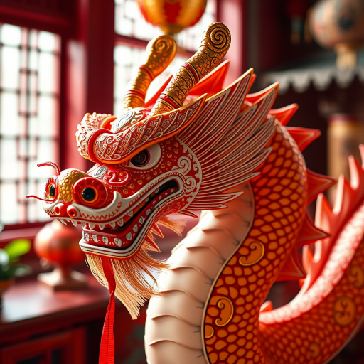 Create a high-resolution image of a Chinese dragon in a traditional style, captured with a Canon EOS R5, 50mm lens, aperture set at f/1.8, ISO 200, in a bright, well-lit environment to enhance detail and color vibrancy.