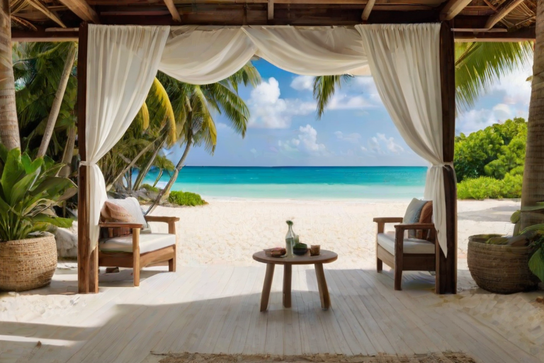 Create a picturesque tropical beach scene featuring a serene, white sandy shore. In the foreground, there's a rustic wooden canopy with white drapes gently flowing in the breeze. Underneath the canopy, a table is set with tropical decor, evoking a sense of relaxation and leisure. The beach extends into a calm, shallow water area with reflections of the sky and surroundings. Palm trees and lush greenery line the edge of the beach, providing a natural, tropical backdrop. The sky is clear with a few scattered clouds, and the overall atmosphere is tranquil and inviting, perfect for a peaceful retreat.