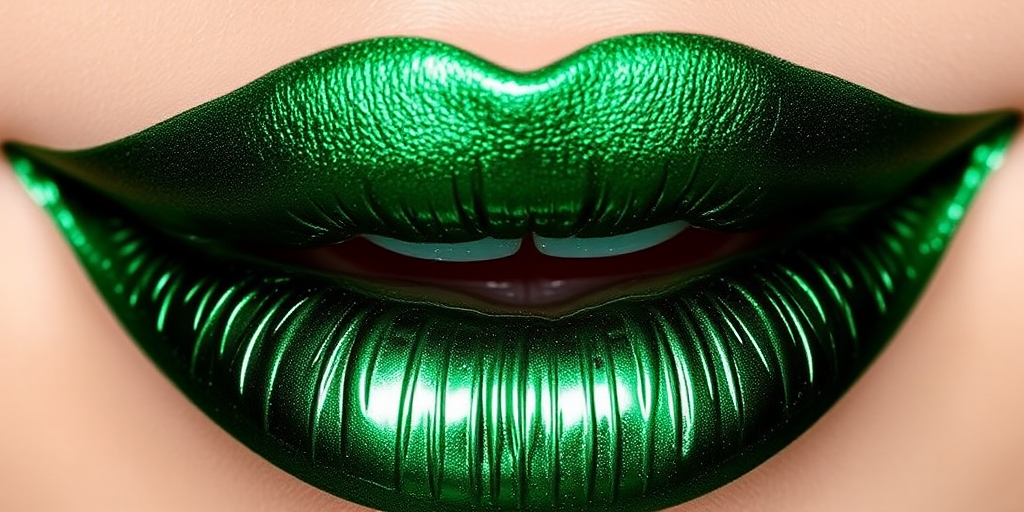 Metallic emerald green lips, dubbed "Enchanted Forest," boast a striking jewel tone and a long-wearing formula that resists transfer