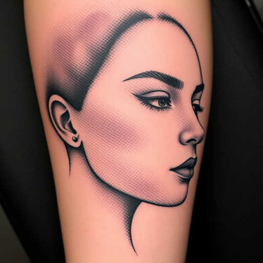 Stipple shading tattoo named "Pointillism Portrait" using countless tiny dots to create gradients and textures, forming a detailed portrait with a unique textural quality